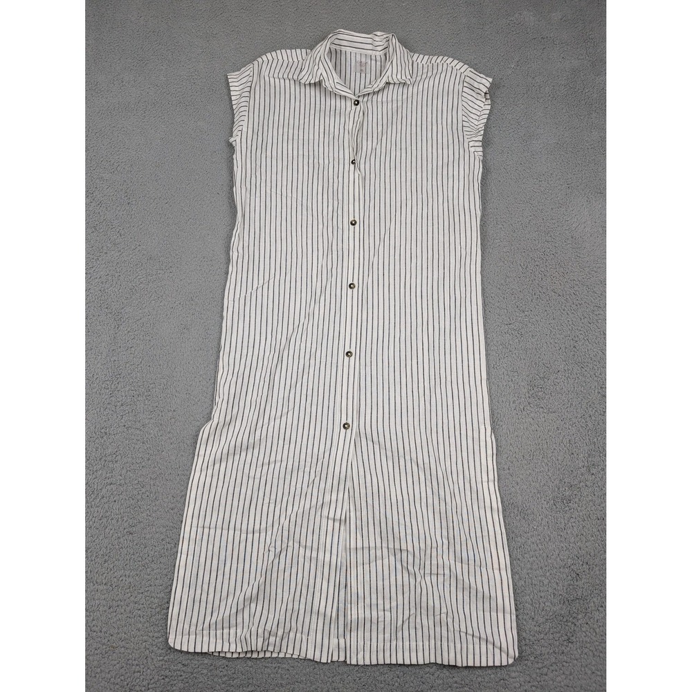 CALIA Shirt Dress Womens XS White Black Striped Linen Collared Button Front